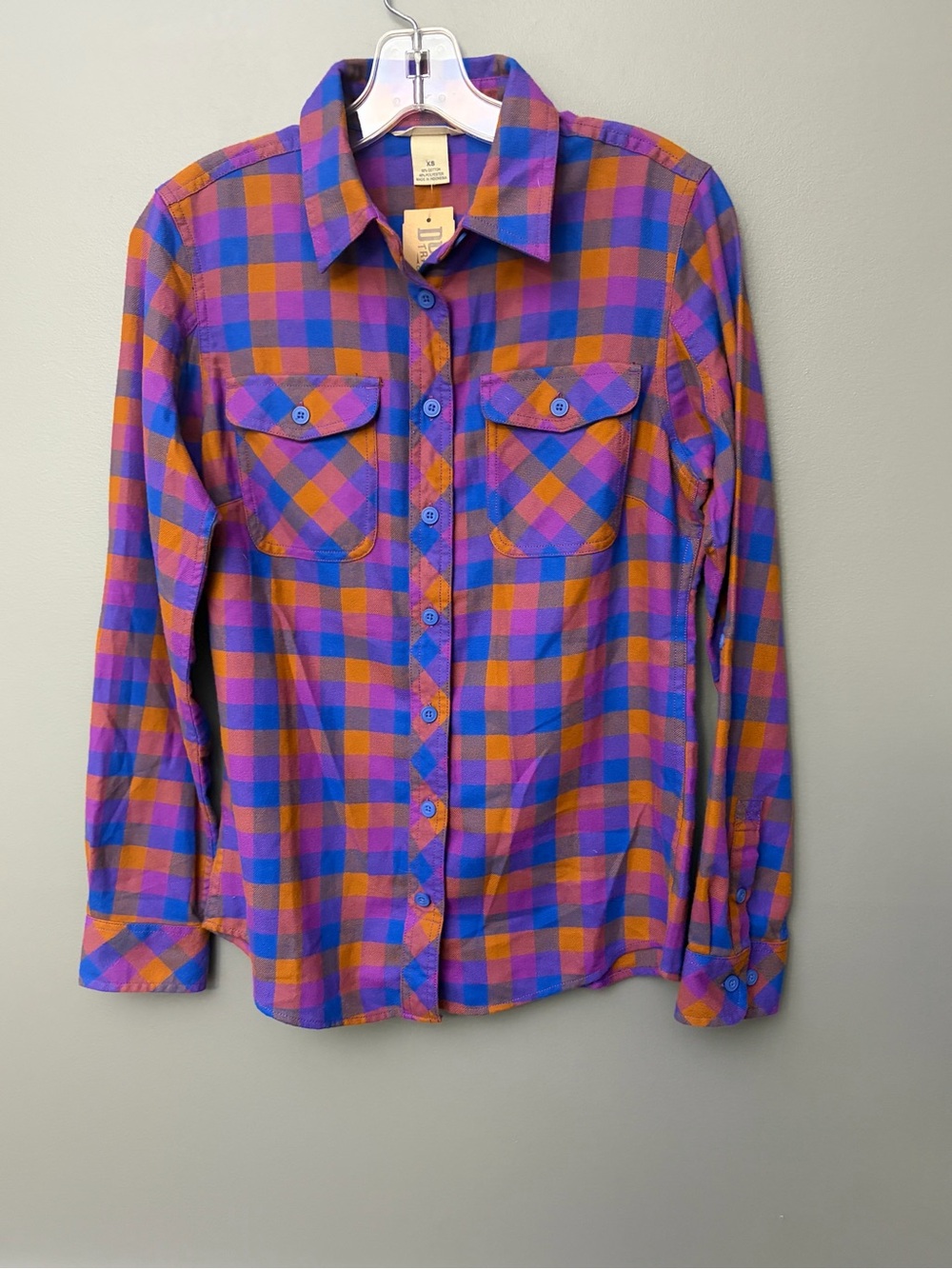 Duluth Women’s Crosscut Wicking Flannel Plaid Button-Up Shirt in Purple & Orange